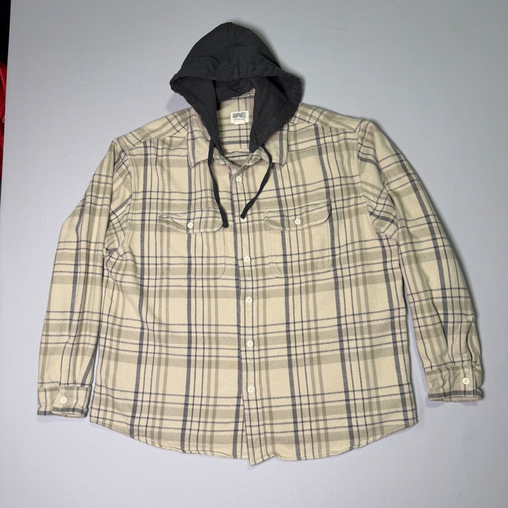 American Eagle Flannel Shirt XL Beige Cotton Plaid Removable Hood Button Up